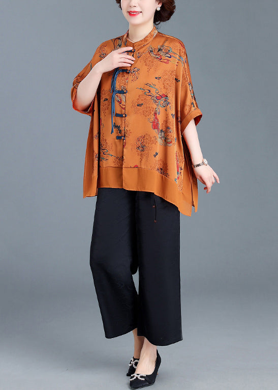 Yellow Stand Collar Button Patchwork Silk Two Pieces Set Half Sleeve