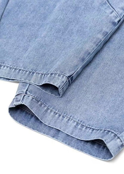 Light Blue Elastic Waist Pockets Patchwork Cotton Denim Harem Pants Summer