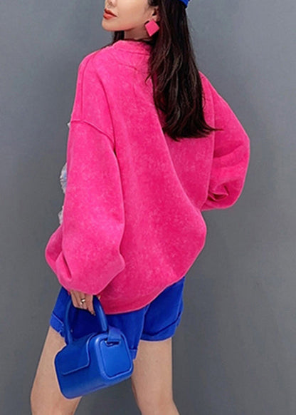 Rose O Neck Tullepatchwork Cotton Sweatshirt Long Sleeve
