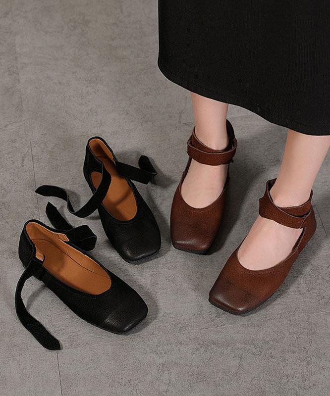Chocolate Buckle Strap Ballet Flats Shoes Cowhide Leather