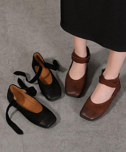 Chocolate Buckle Strap Ballet Flats Shoes Cowhide Leather