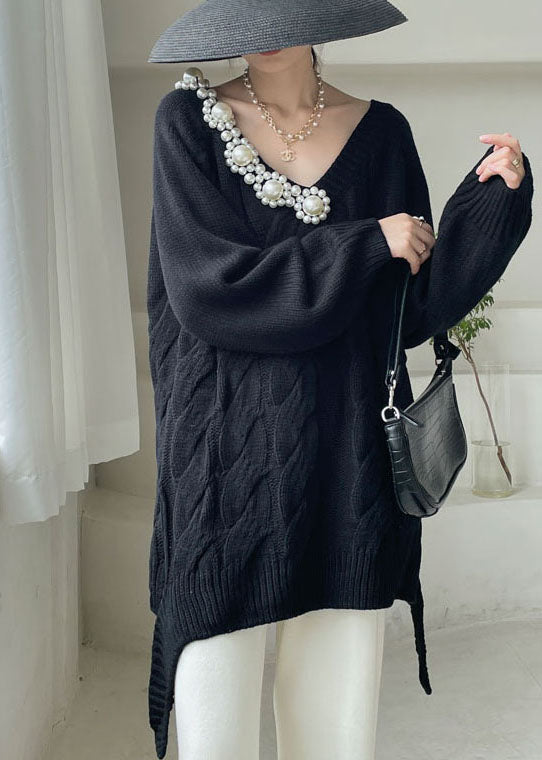 Black Cozy Knit Short Sweater V Neck Winter