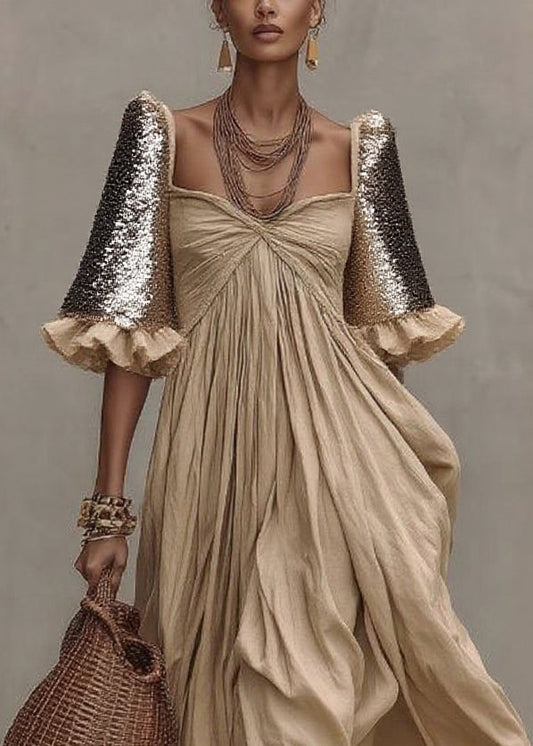 Khaki Wrinkled Patchwork Maxi Dresses Short Sleeve