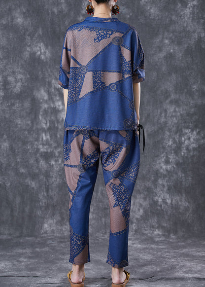 Blue V Neck Print Cotton Two Piece Set Outfits Summer