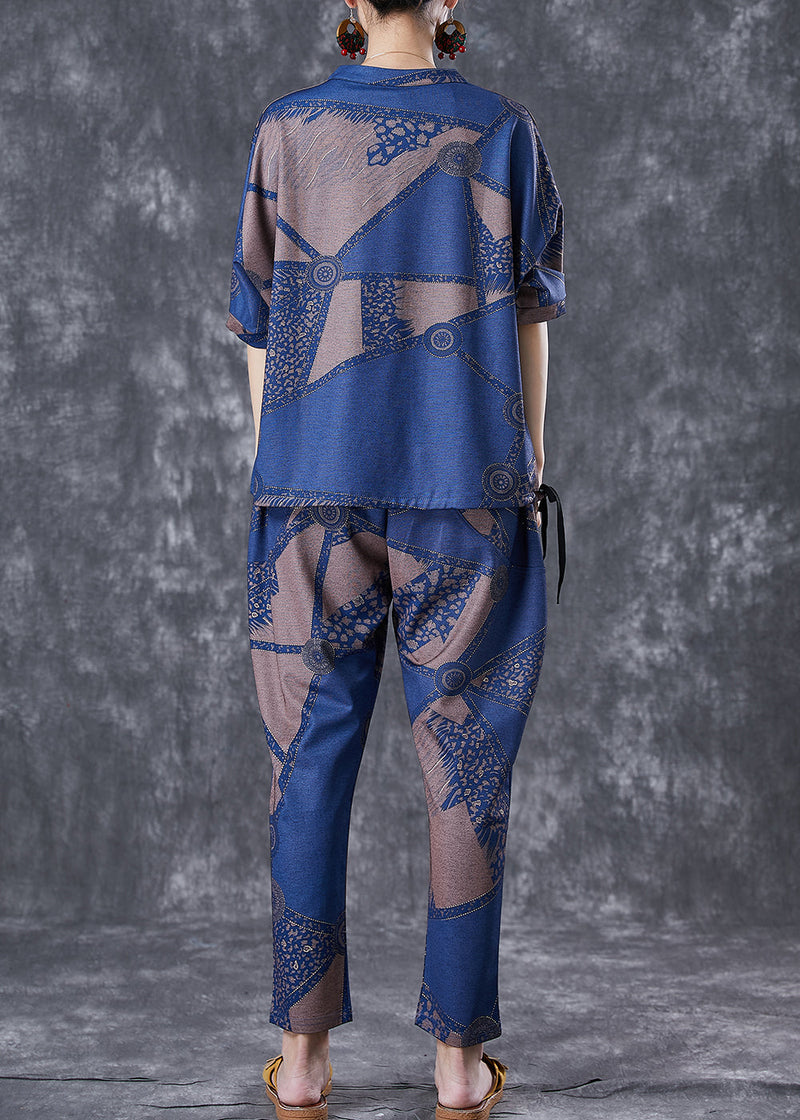 Blue V Neck Print Cotton Two Piece Set Outfits Summer