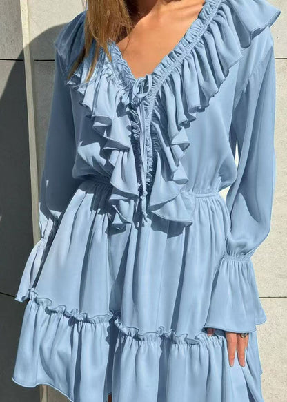 Blue V Neck Ruffled Cotton Mid Dress Flare Sleeve
