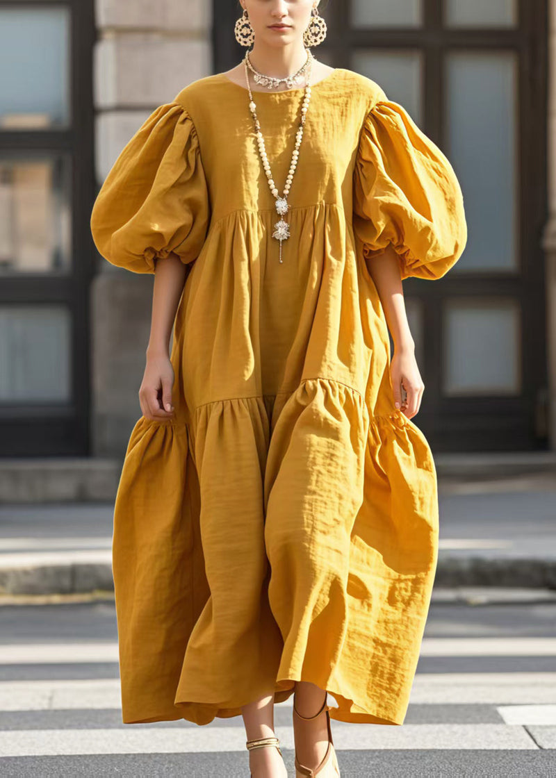 Yellow Puff Sleeve Oversized Cotton Vestidos Dressn Summer
