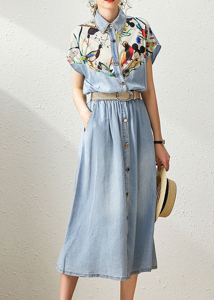 Denim Blue Peter Pan Collar Patchwork Print Cinched Dresses Summer