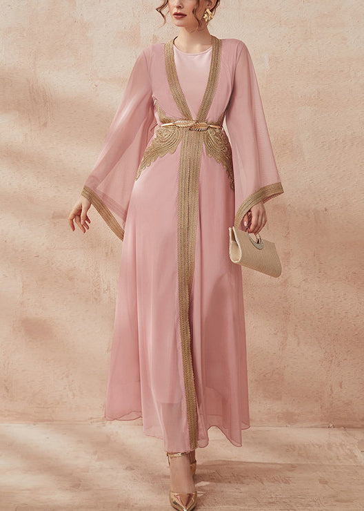 New Pink Tie Waist Chiffon Two Pieces Set Flare Sleeve
