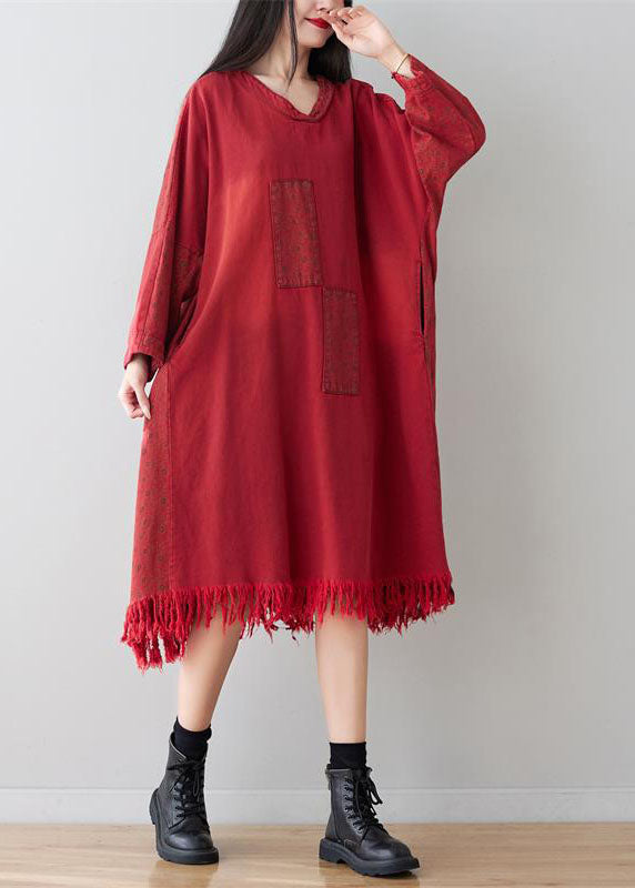 Red V Neck Tassel Cotton Loose Dress Spring