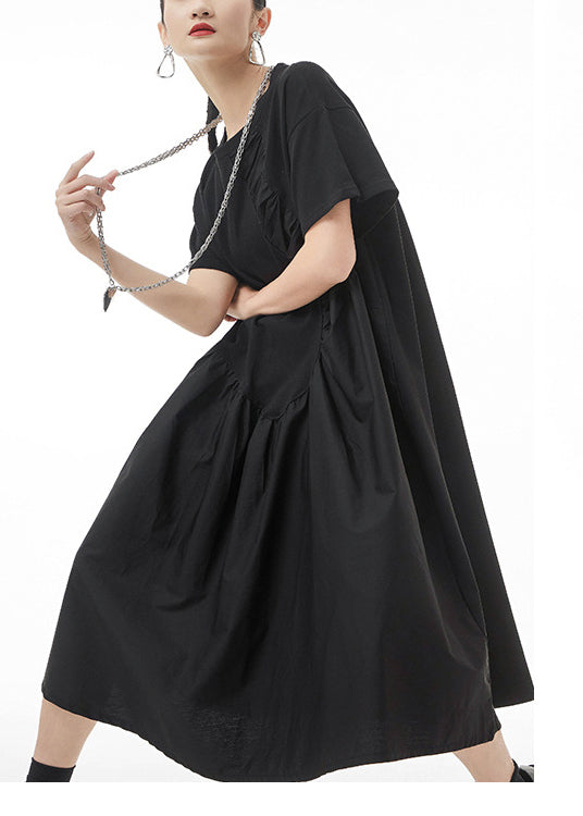 Boutique Black O-neck Wrinkled Vacation Dresses Short Sleeve