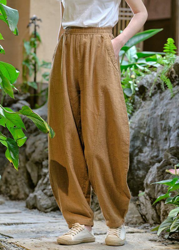 Simple Yellow Pockets Elastic Waist Linen Pants Summer