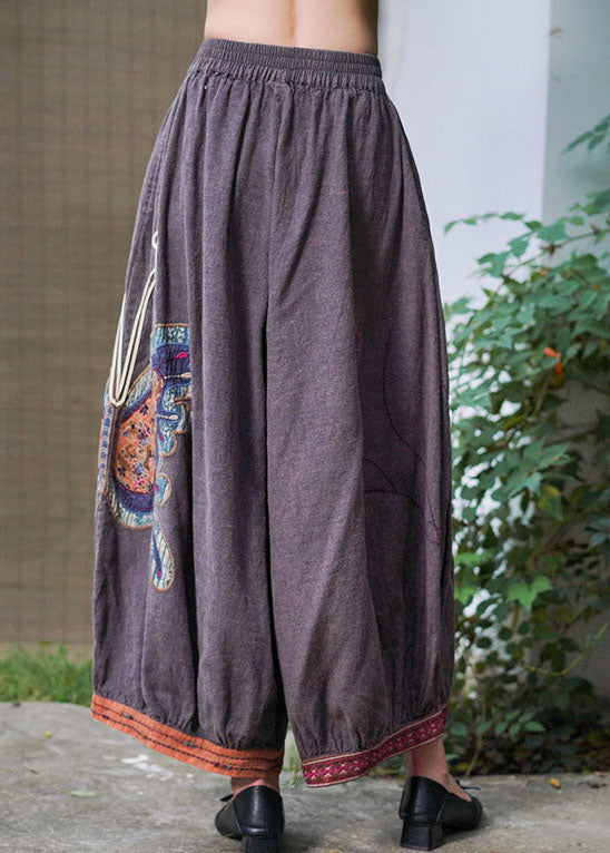 Purple Retro Embroideried Oriental Lantern Fall Pants Trousers