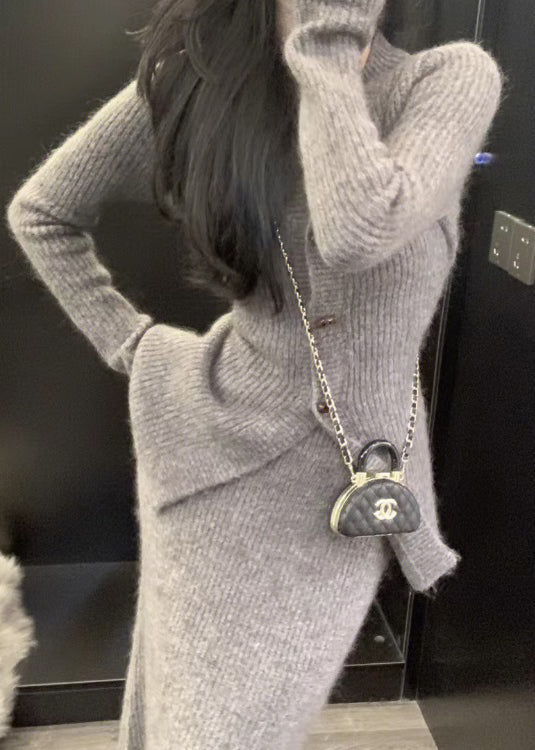 Slim Fit Grey V Neck Patchwork Knit Two Piece Set Clothing Fall