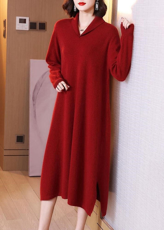 Red Side Peter Pan Collar Open Cotton Knit Dress Long Sleeve