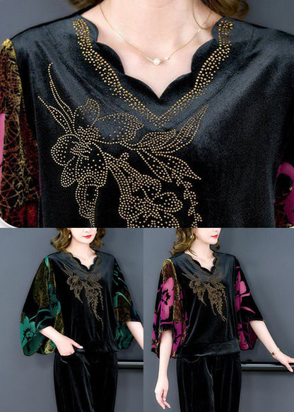 Modern Green V Neck Print Silk Velour Tops and Pants Two Pieces Set Batwing Sleeve