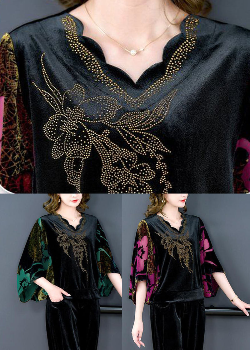 Rose Print Silk Velour Tops and Pants Two Pieces Set V Neck Batwing Sleeve