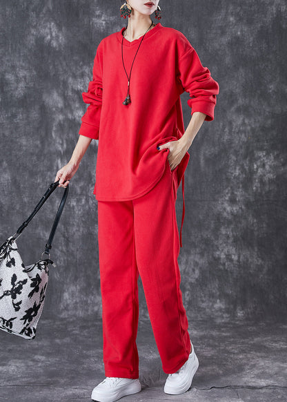 Red Oversized Drawstring Velour Sets 2 Pieces Fall