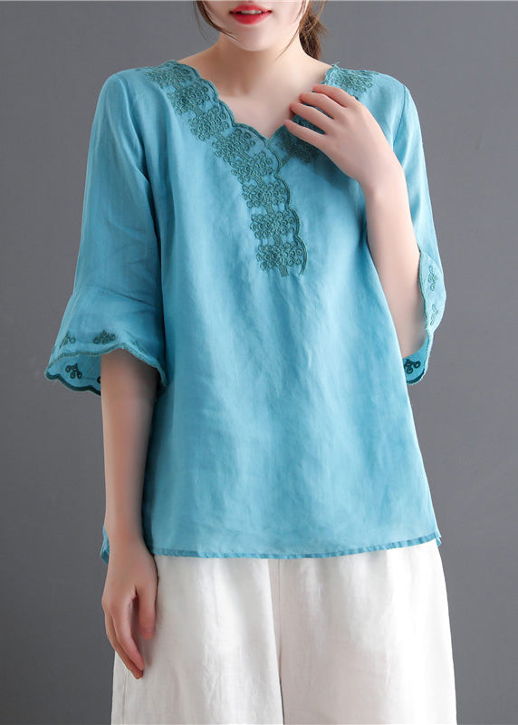 Lake Blue V Neck Embroideried Linen Tops Flare Sleeve