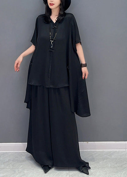 Black Button Shirts and Wide Leg Pants Two Piece Set Half Sleeve