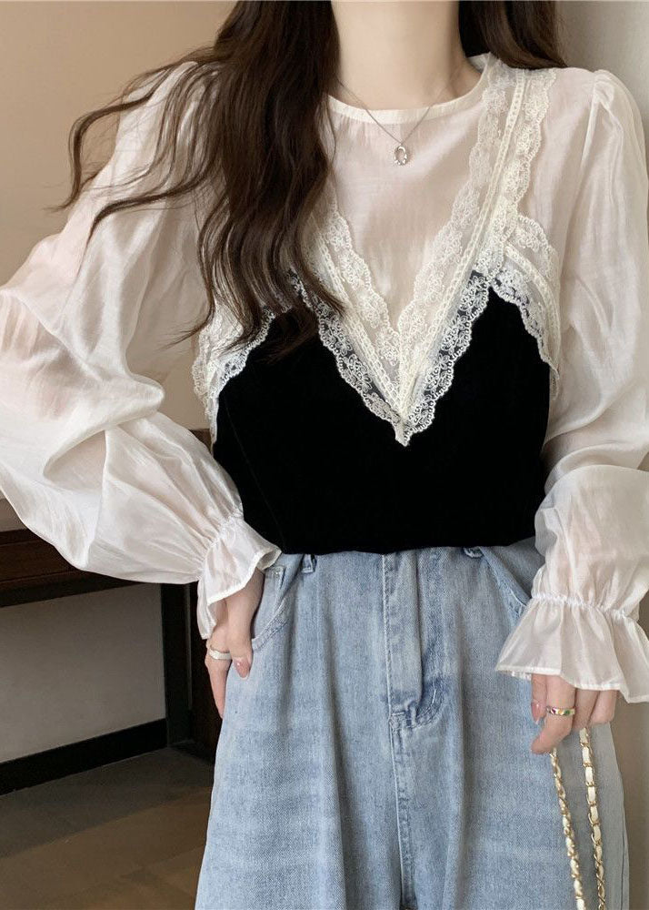French White O-neck Lace Patchwork Silk Velour Blouse Tops Spring