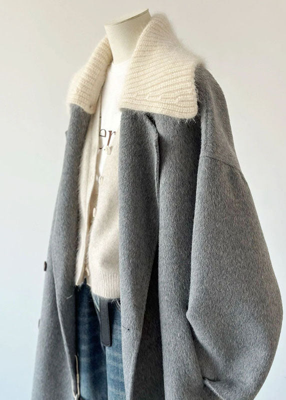 Grey Peter Pan Collar Pockets Knit Patchwork Woolen Long Coats Long Sleeve