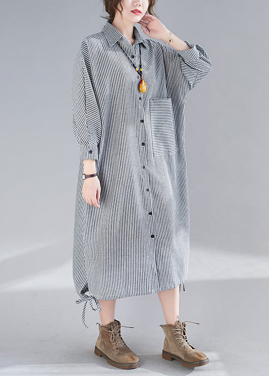 Plaid Peter Pan Collar Button Side Open Long Shirts Dress Fall