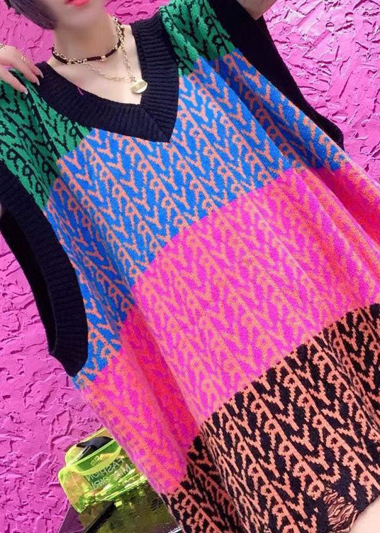 Black V Neck Loose Patchwork Fall Blouse Tops Knit Vest