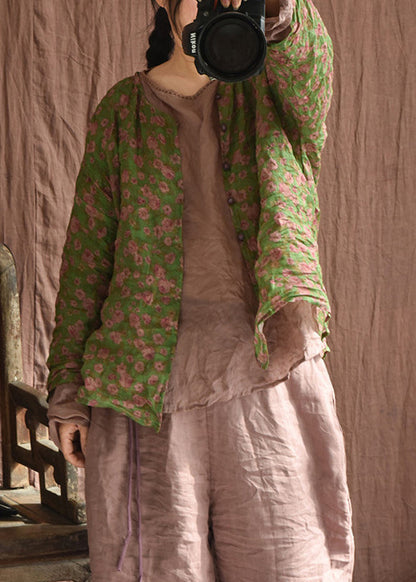 Green Button Print Linen Blouse Long Sleeve