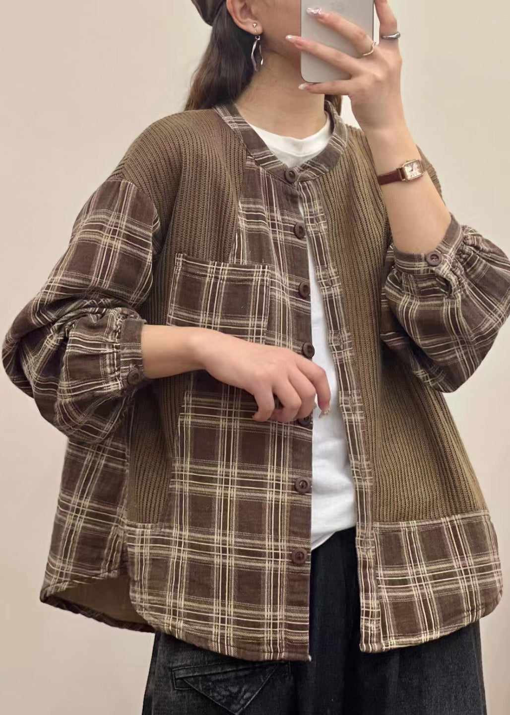 Green Button Print Patchwork Linen Shirt Top Fall