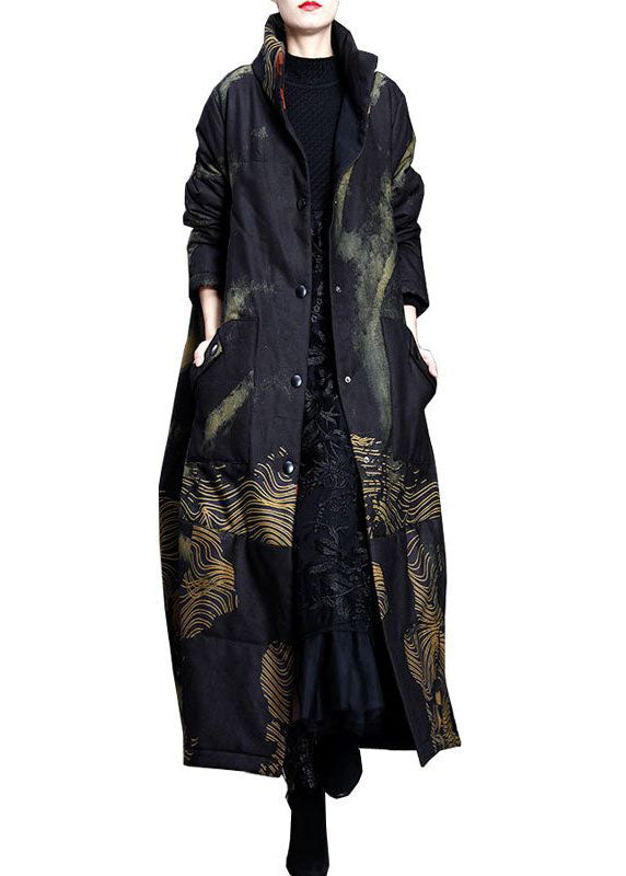 Black Stand Collar Pockets Print Fine Cotton Filled Trench Coat Spring