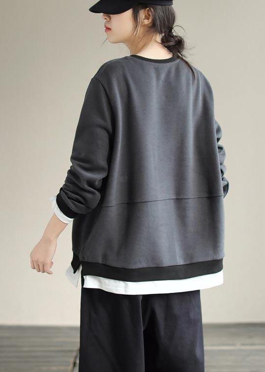 Loose O Neck False Two Pieces Spring Shirts Christmas Gifts Gray Blouses