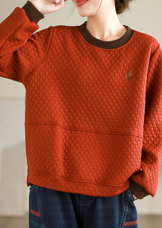 Orange O Neck Embroideried Patchwork Thick Cotton Tops Fall