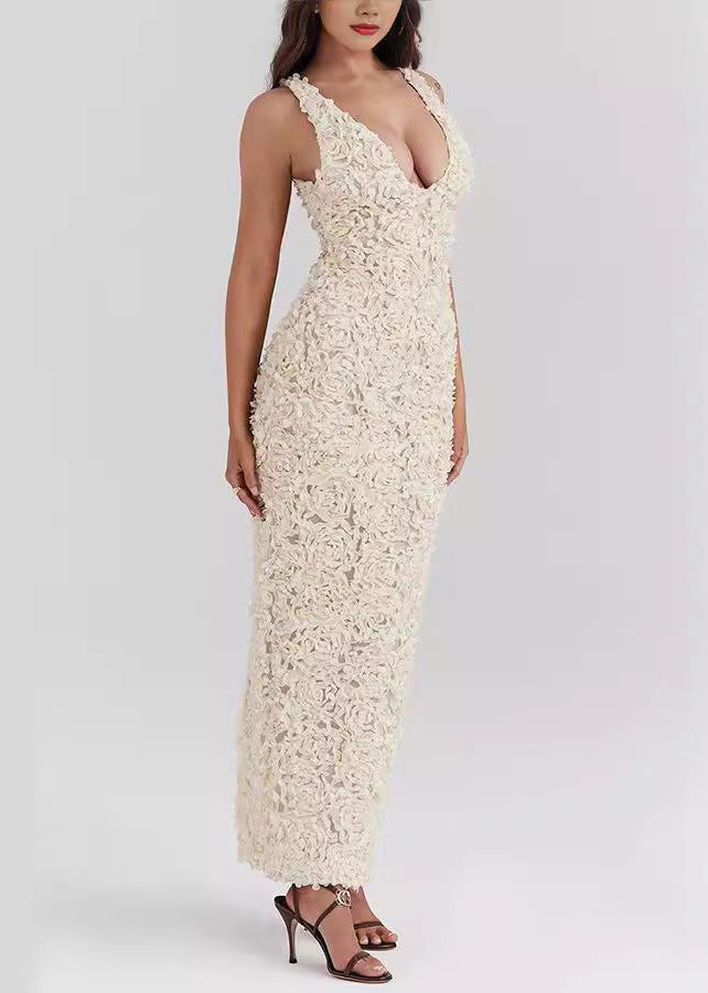 White V Neck Side Open Ankle Dress Sleeveless