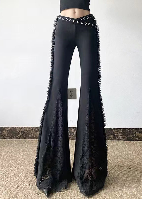 Black Eyelash Patchwork Lace Bell-bottom Trousers Pants Spring