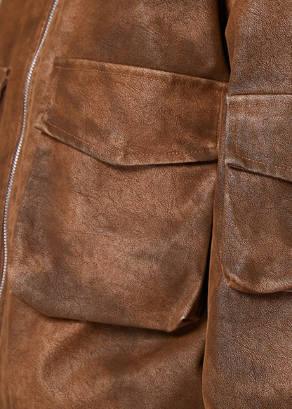 Diy Brown Oversized Pockets Faux Leather Coats Spring