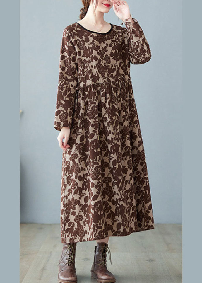 Chocolate Print Patchwork Wrinkled Linen Holiday Dress Spring
