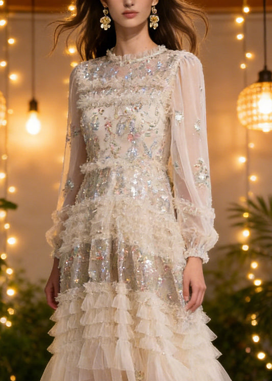 Apricot Embroidered Ruffled Patchwork Tulle Long Dresses Spring
