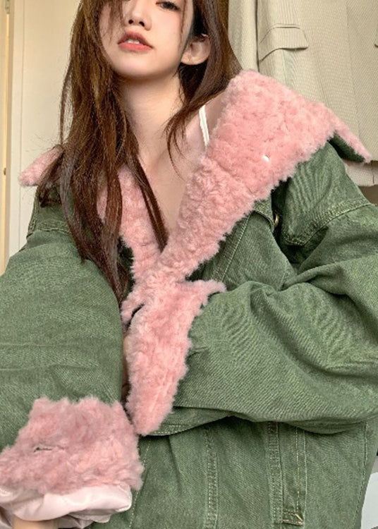 Art Green Oversized Pockets Fleece Wool Lined Jackets Winter