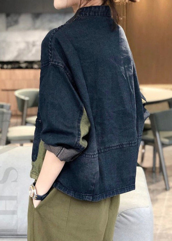 Stand Collar Pockets Patchwork Denim Coats Fall