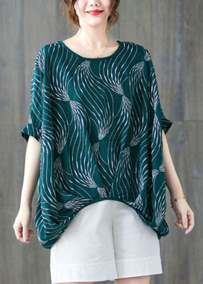 Black Print Cotton Tanks Wrinkled O-neck Batwing Sleeve