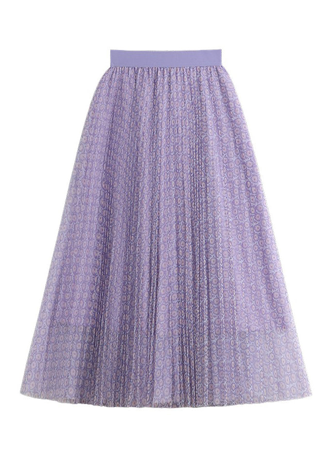 Purple Print Wrinkled Elastic Waist Tulle Pleated Skirt Summer