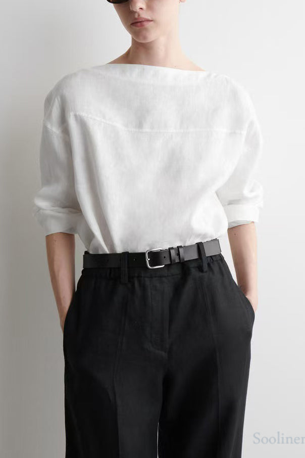 White Slash Neck Back Lace Up Linen Shirts Spring