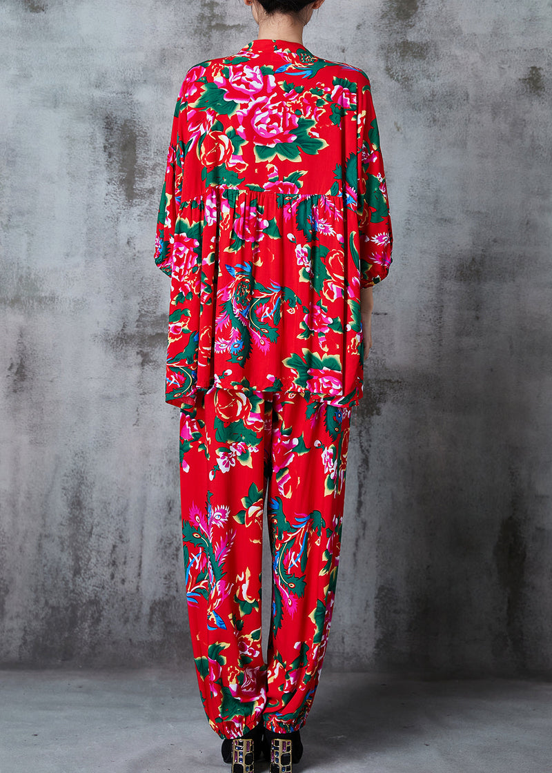 Red Oversized Print Cotton Two Piece Suit Set Summer