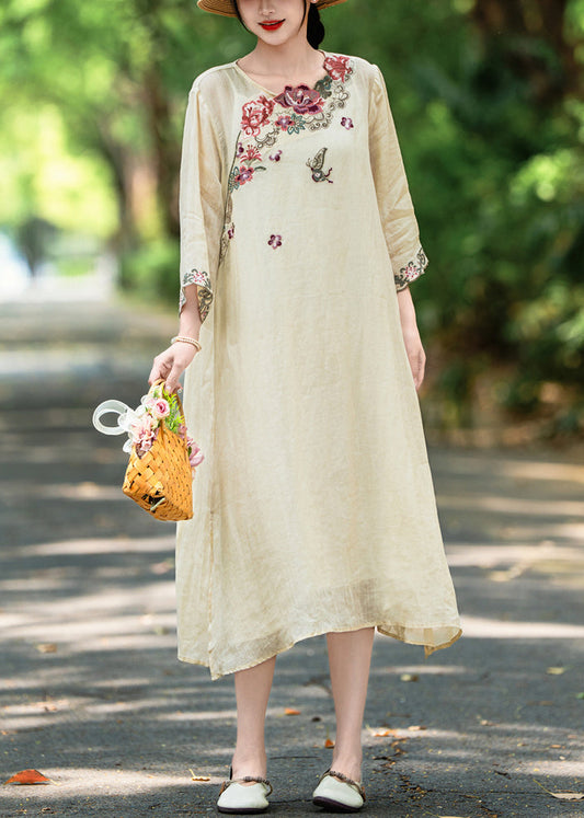 Apricot Side Open Linen Dresses Embroidered Bracelet Sleeve Summer