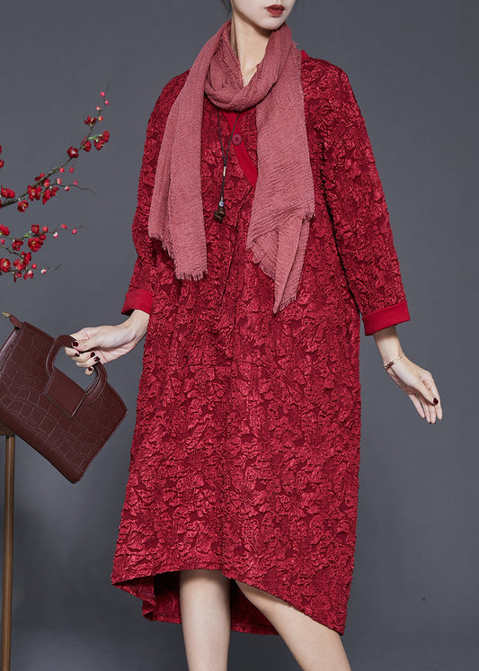 Red Patchwork Cotton Party Dress Oversized Jacquard Bracelet Sleeve