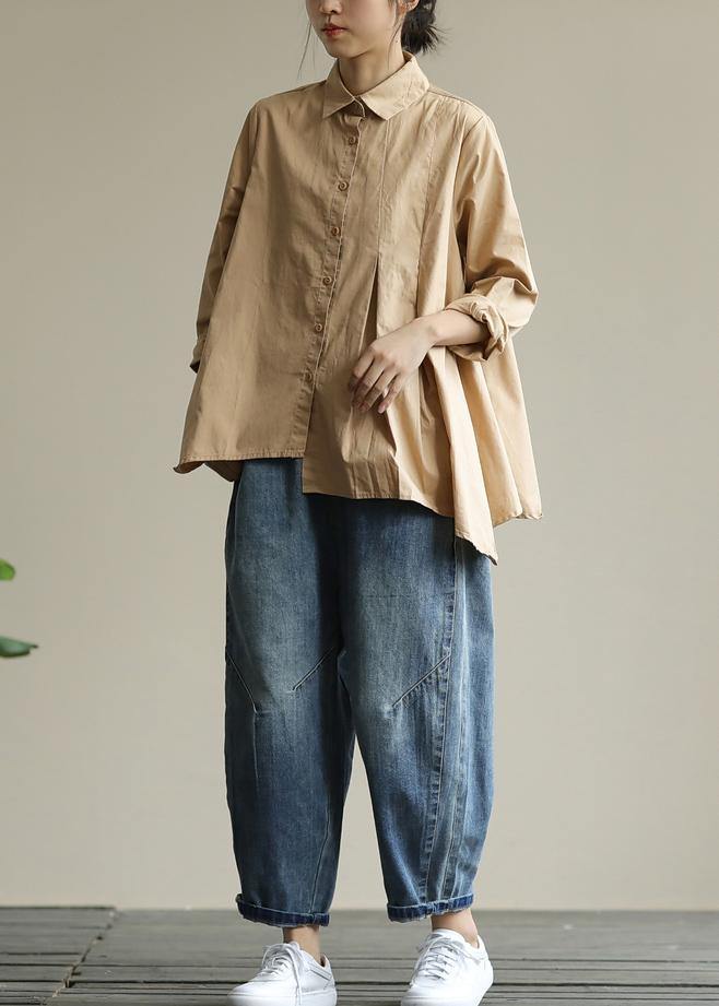 Organic Khaki Tunic Lapel Asymmetric Short Shirt Spring