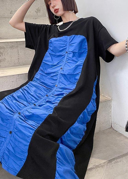 Black Patchwork Blue O-neck Long Summer Cotton Dress