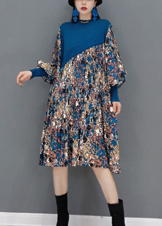 Boutique Blue O-neck Knit Patchwork Chiffon Holiday Dress Spring