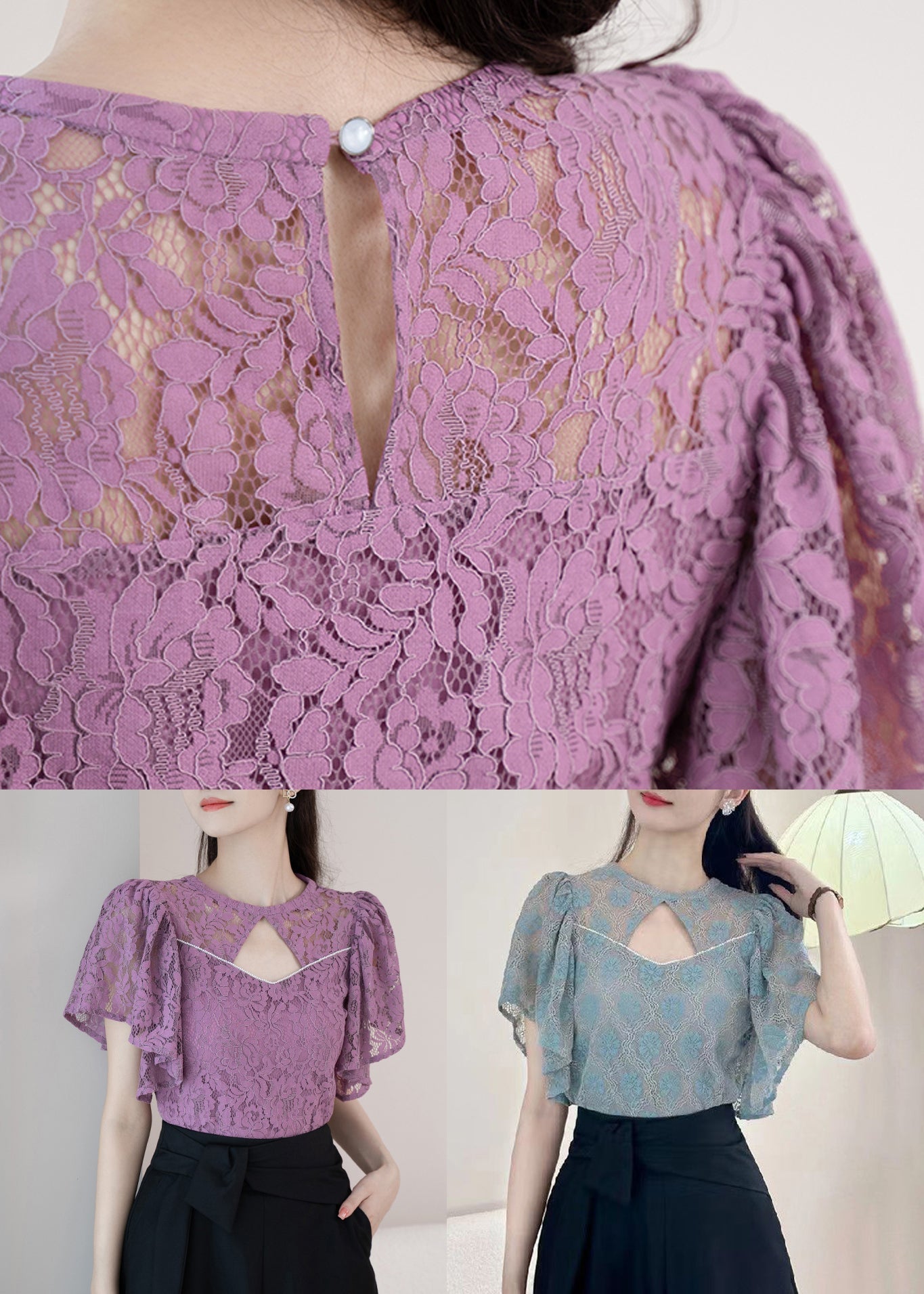 New Purple O-neck Hollow Out Lace Shirt Summer